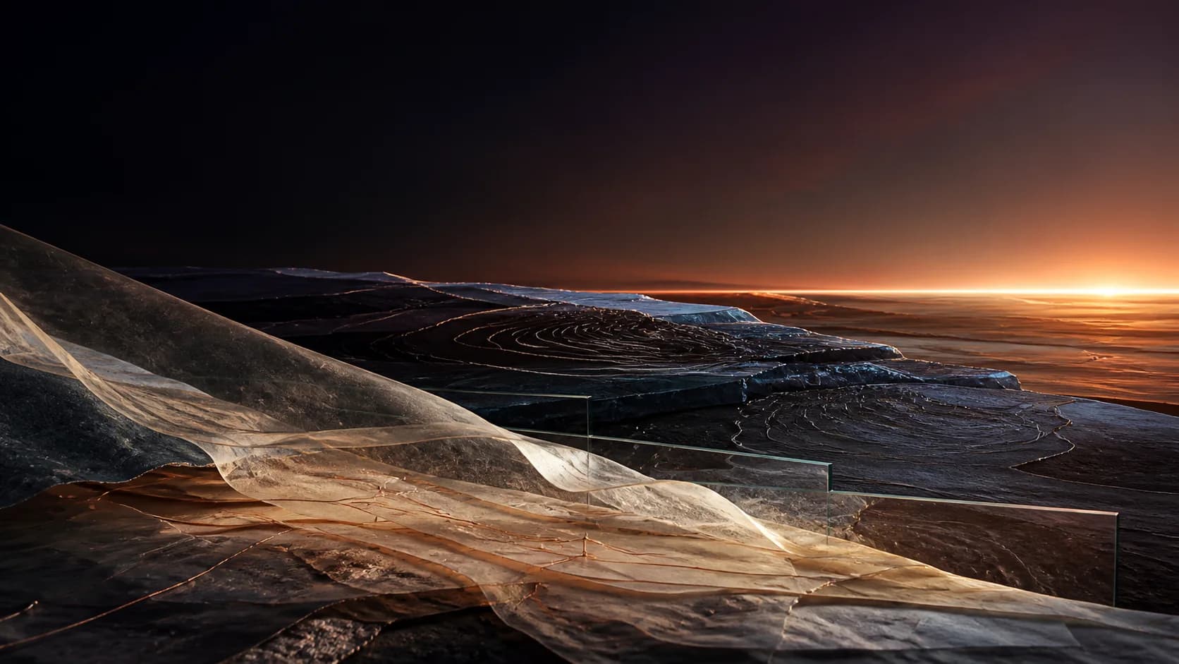 Layered translucent paper and glass stretch toward a copper horizon in a dark landscape.