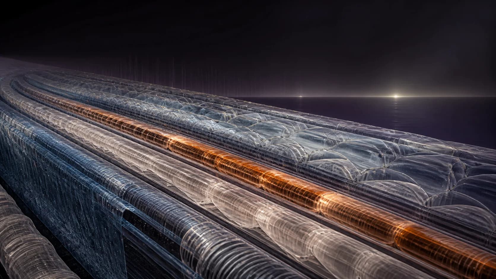 Parallel translucent fiber structures carry one copper path toward a distant light.