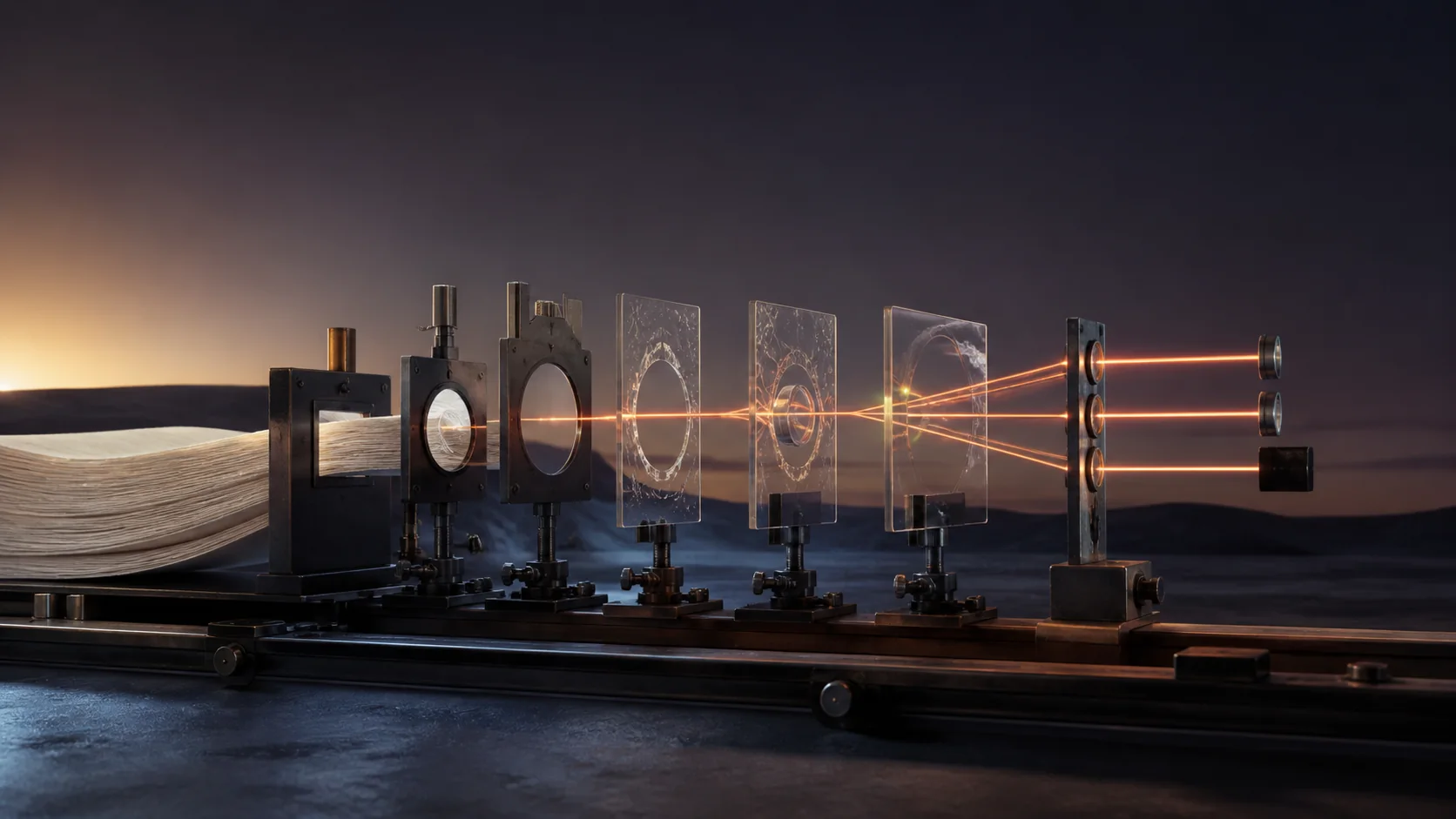 A long optical bench splits one copper beam through evidence plates, with one path stopping at a dark gate.